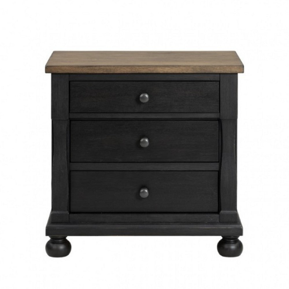 Ginie Nightstand with 2 USB Ports | 3 Drawers | Black Rustic Oak Brown BM333803