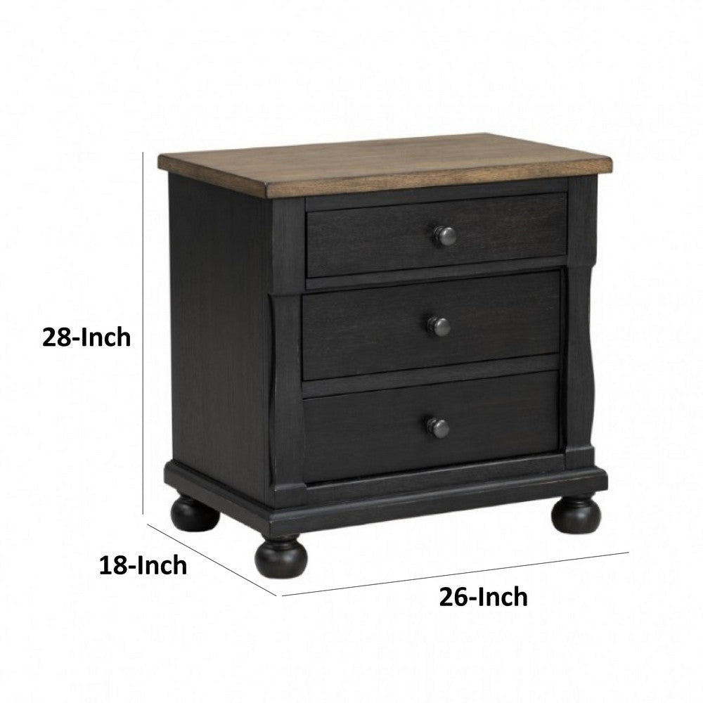 Ginie Nightstand with 2 USB Ports | 3 Drawers | Black Rustic Oak Brown BM333803