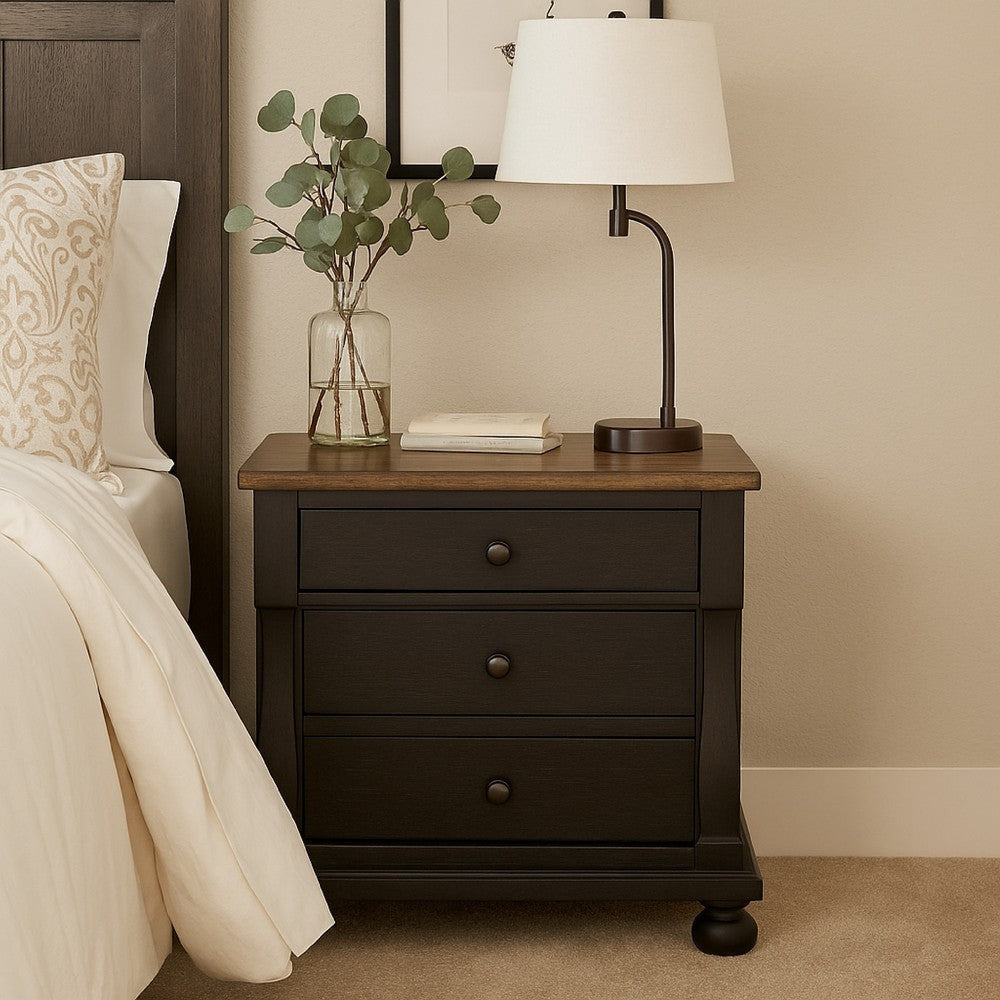 Ginie Nightstand with 2 USB Ports | 3 Drawers | Black Rustic Oak Brown
