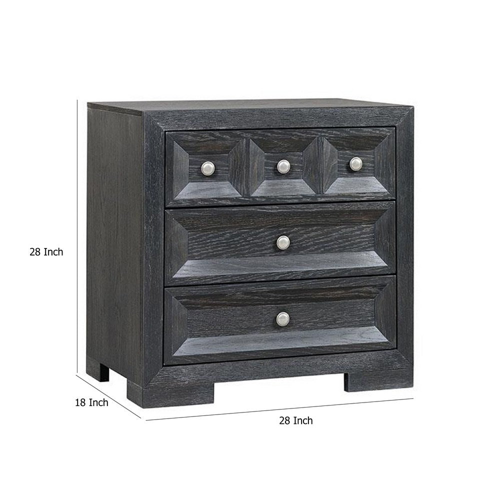 Kizie Nightstand | 3 Drawers | USB A-C | Weathered Black Wood | 28"