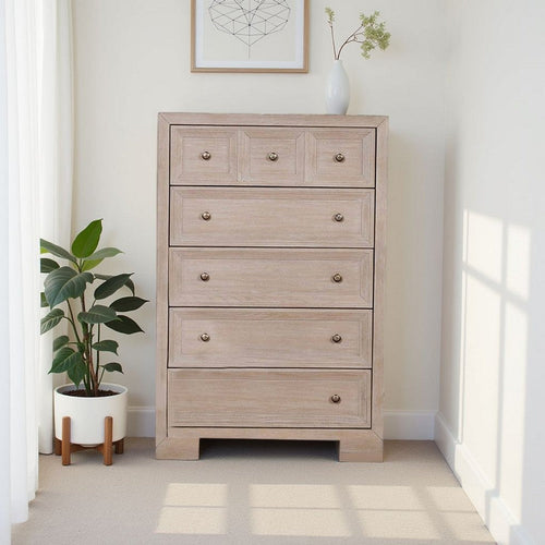 Kizie Tall Dresser Chest | 5 Drawers | Bronze | Beige Solid Wood | 38"