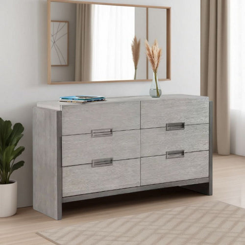Rizvi Wide Dresser | 6 Drawers Bronze | Stone Gray Solid Wood 64"