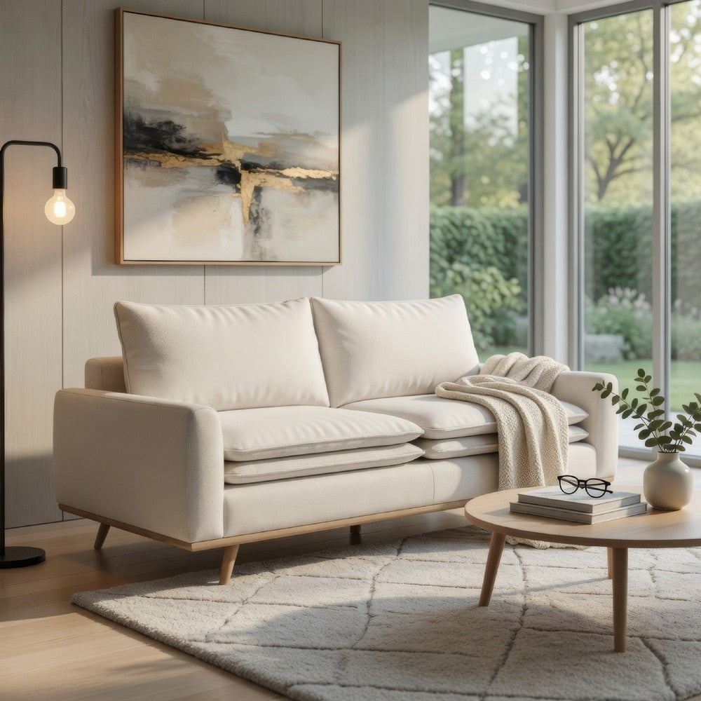 Yaana Sofa with Feather Blend Pillows | Oak Brown Wood | White 83"