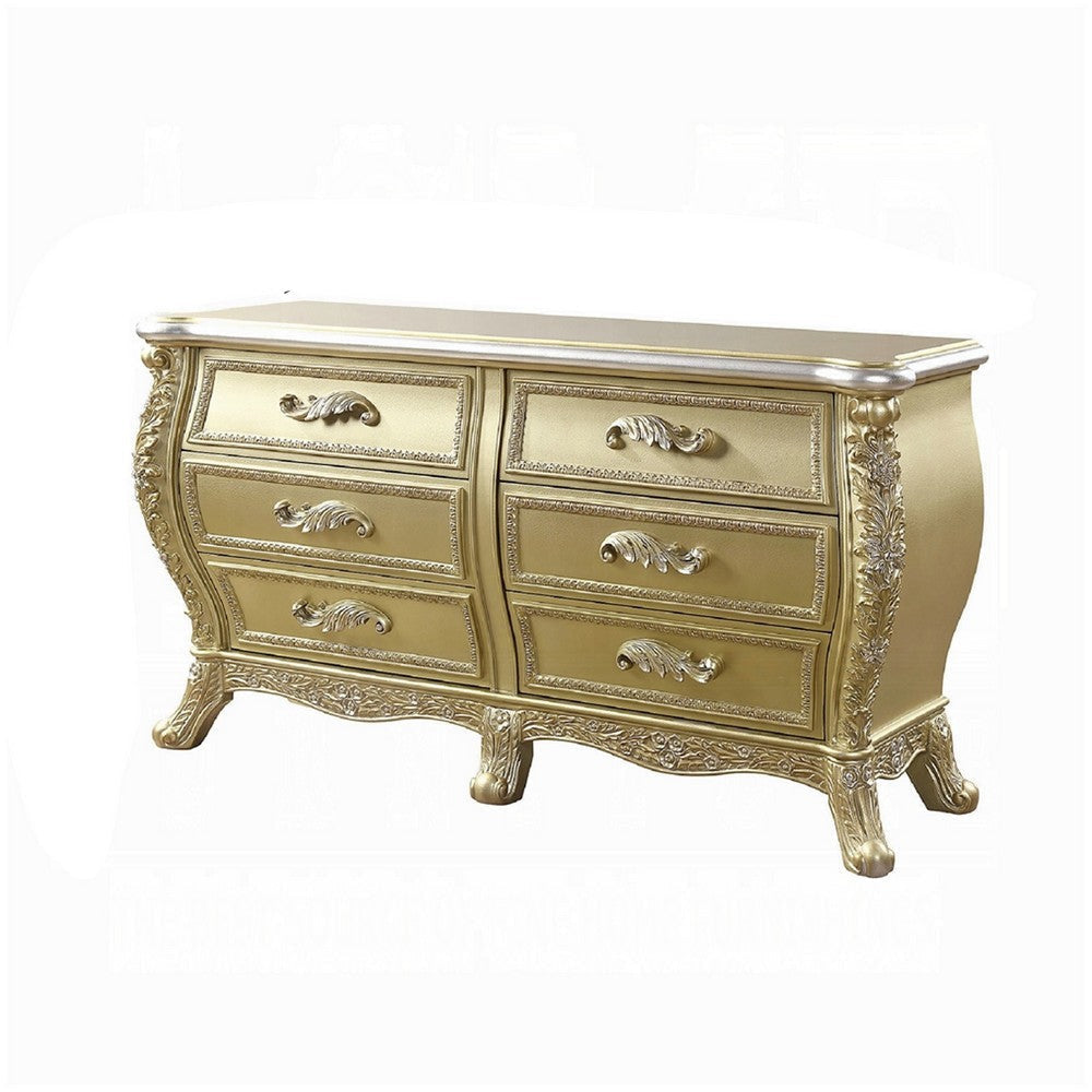 Otis Wide Dresser | Gold Floral Carvings | Wood and Resin | 6 Drawers BM333864