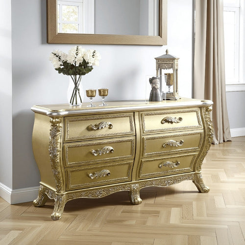 Otis Wide Dresser | Gold Floral Carvings | Wood and Resin | 6 Drawers