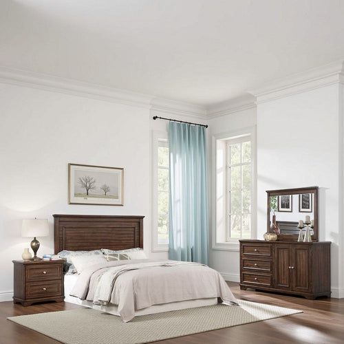 Fori 4 Piece Full Size Bedroom Set | Brown | Nightstand Dresser Mirror