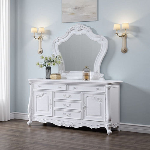 Maver Dresser Mirror | 46x48 | Beveled Edges White Ornate Carved Wood
