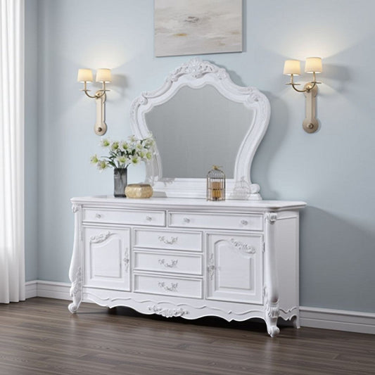 Maver Dresser Mirror | 46x48 | Beveled Edges White Ornate Carved Wood