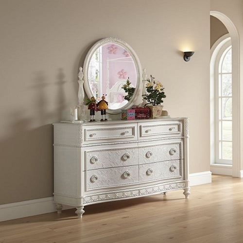 Dorie Vanity Dresser Mirror | 35x48 White Wood Floral Trim | Beveled