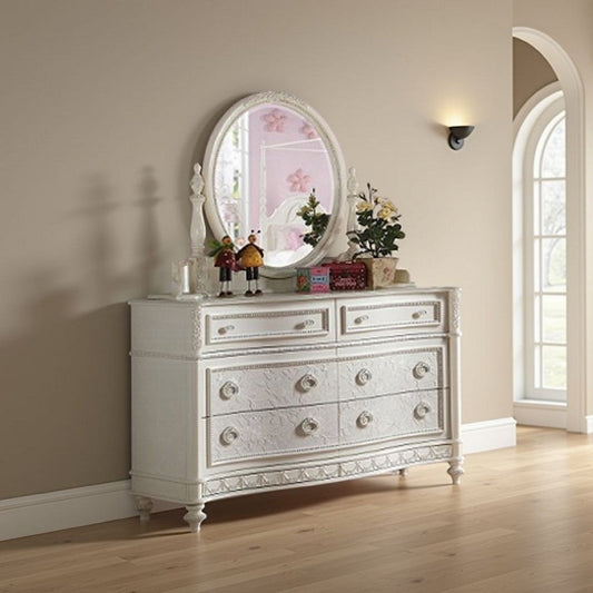 Dorie Vanity Dresser Mirror | 35x48 White Wood Floral Trim | Beveled