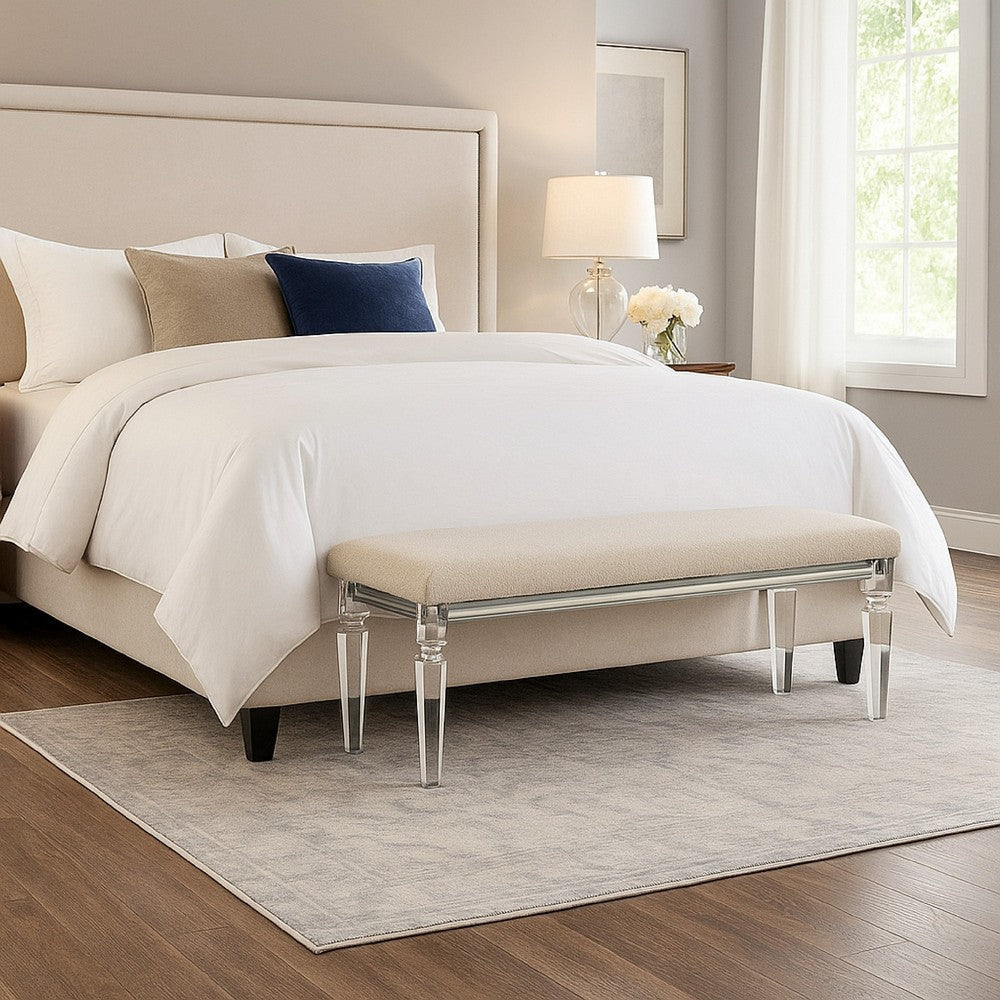 Rara Bench | Beige Padded Seat | 54" Clear Tapered Acrylic Legs