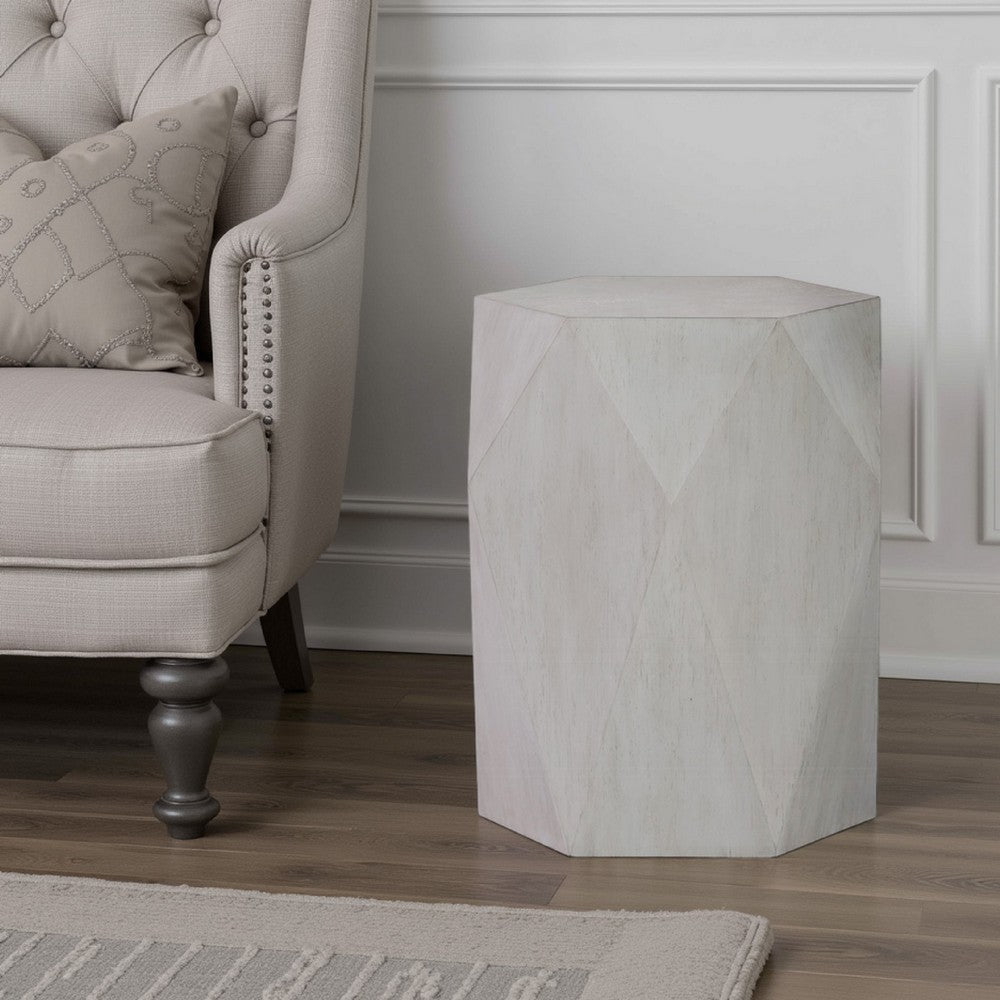 Hano Side End Table | White Rubberwood | 22" | Geometric Design Body