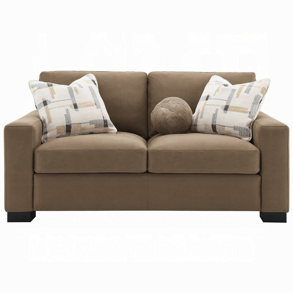Lenu Modern Loveseat w 3 Accent Pillows | Brown Suede Fabric | 69’’ BM333915