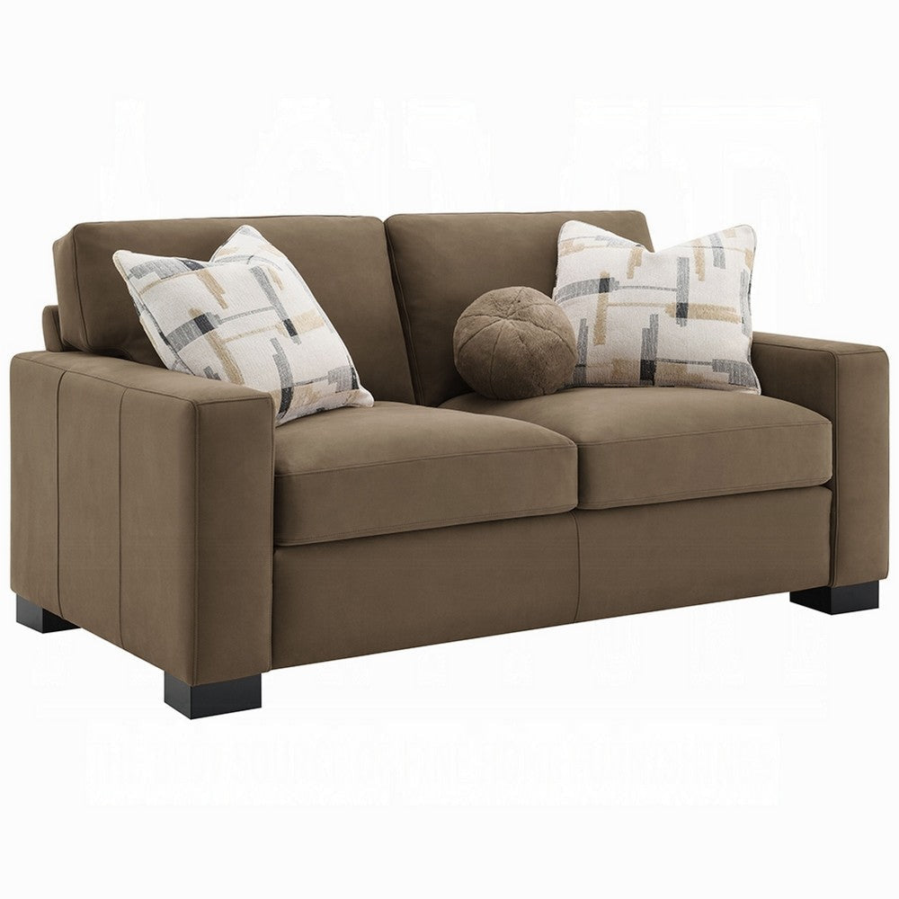 Lenu Modern Loveseat w 3 Accent Pillows | Brown Suede Fabric | 69"