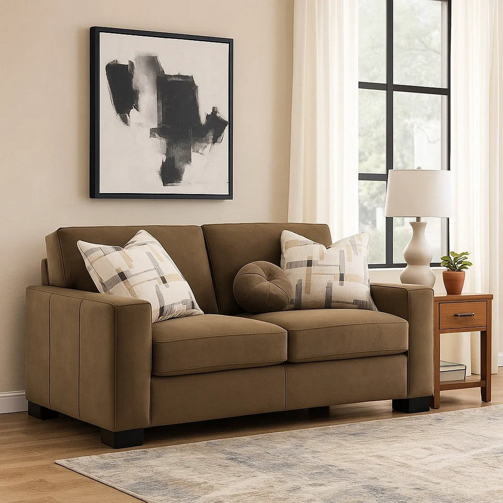 Lenu Modern Loveseat w 3 Accent Pillows | Brown Suede Fabric | 69"