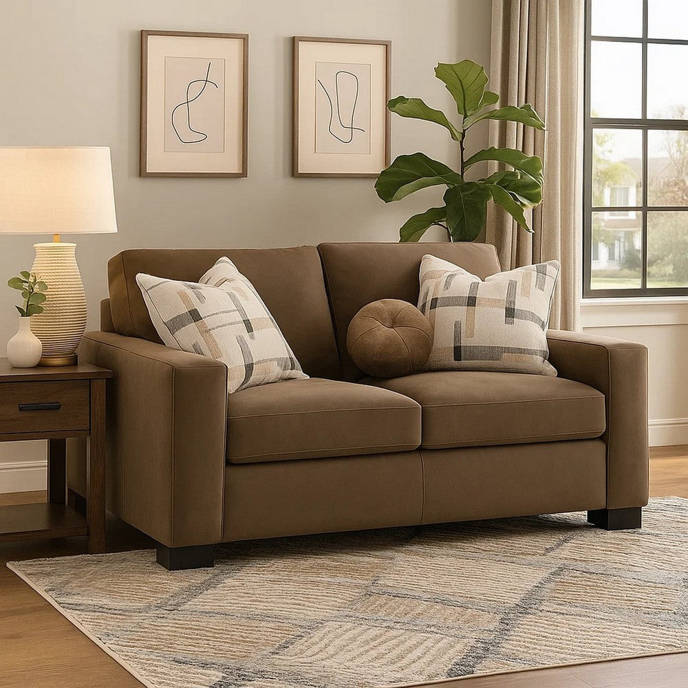 Lenu Modern Loveseat w 3 Accent Pillows | Brown Suede Fabric | 69"