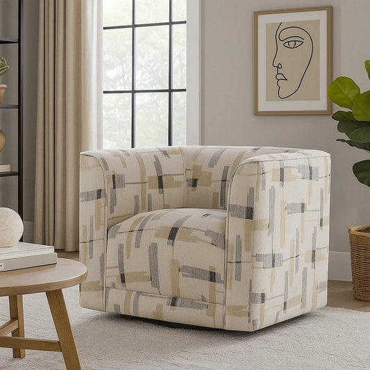 Lenu Swivel Accent Sofa Chair | Beige Pattern Fabric Boxy Padded Seat