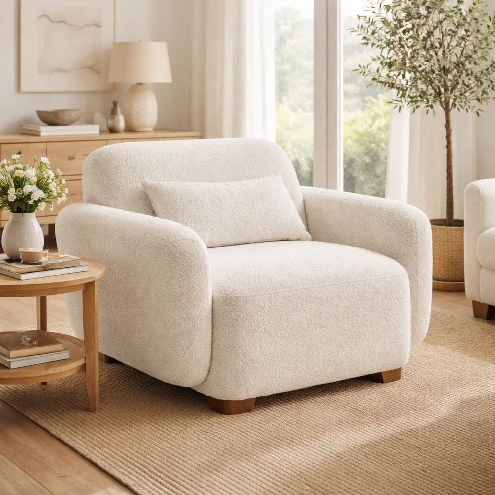 Loem Sofa Chair w Accent Pillow | Box Style Seat | Beige Boucle Fabric
