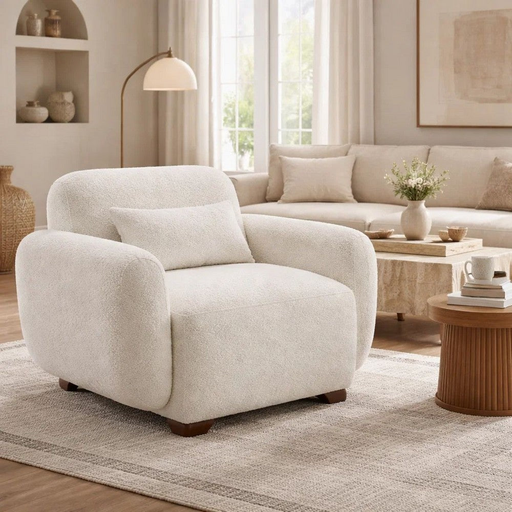 Loem Sofa Chair w Accent Pillow | Box Style Seat | Beige Boucle Fabric