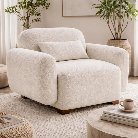 Loem Sofa Chair w Accent Pillow | Box Style Seat | Beige Boucle Fabric
