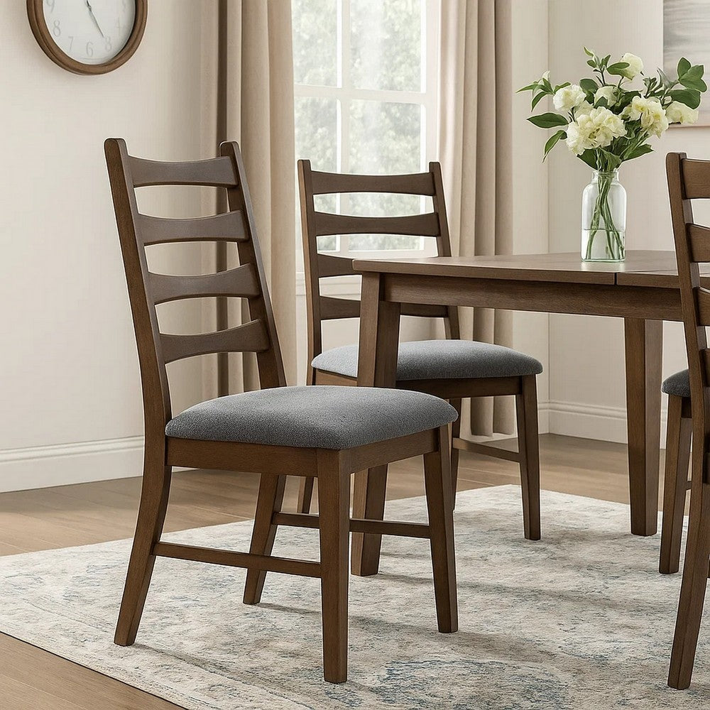 Mea Dining Side Chair Set of 2 | Slatted | Dark Gray Linen Seat Brown