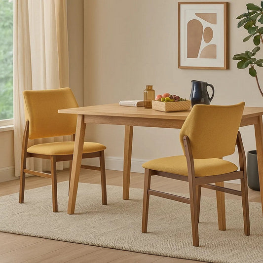 Nory Dining Side Chair Set of 2 | Yellow Linen Cushions | Walnut Brown
