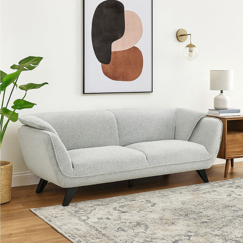 Naeli Sofa | Rounded Back | Light Gray Boucle | 86" Solid Pine Wood