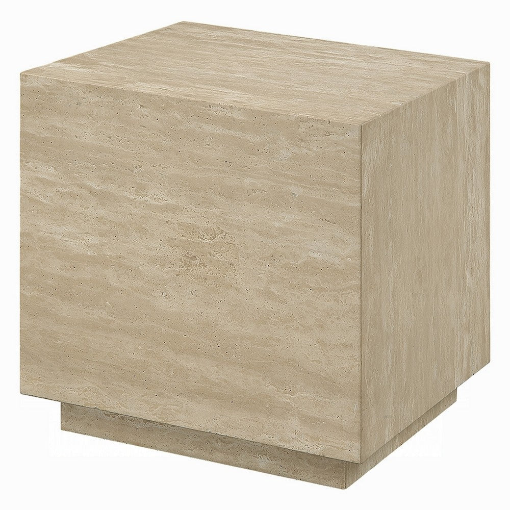 Lory Side End Table | 19" Square Travertine Top | Natural Wood Beige