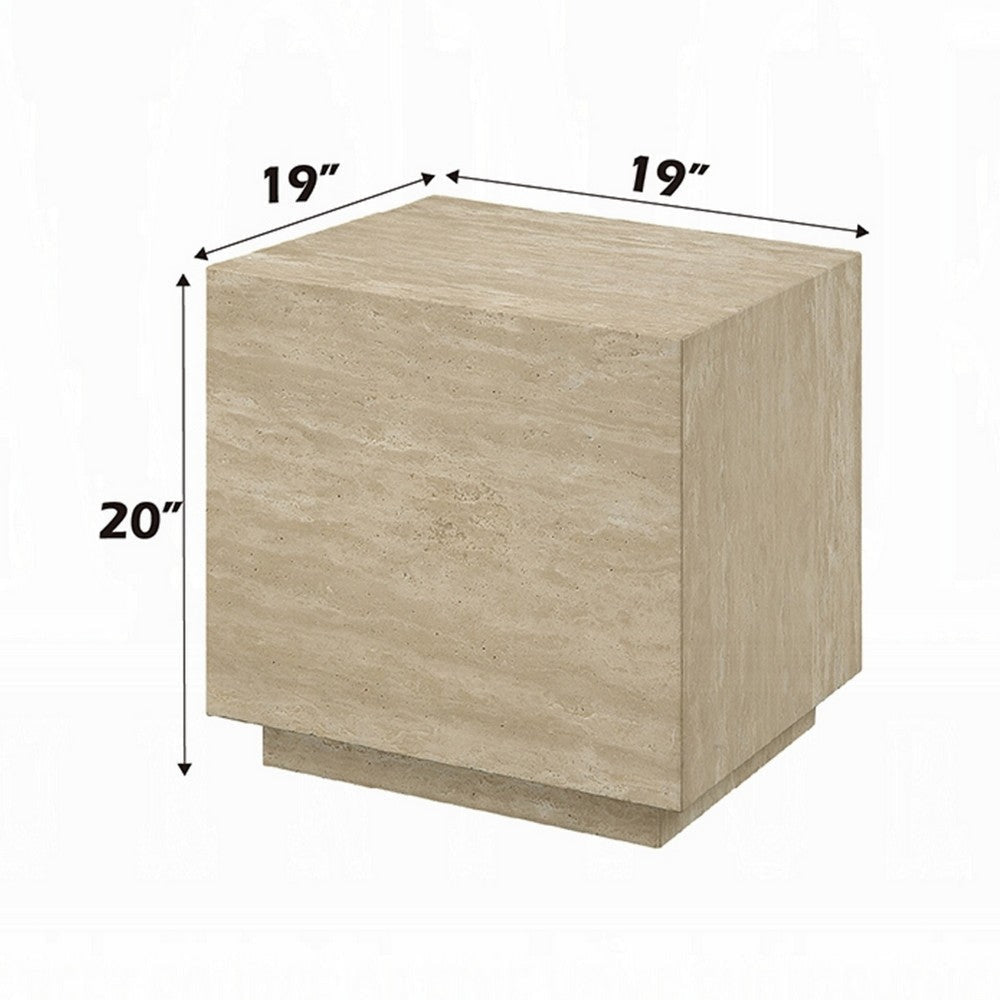 Lory Side End Table | 19’’ Square Travertine Top | Natural Wood Beige BM333940