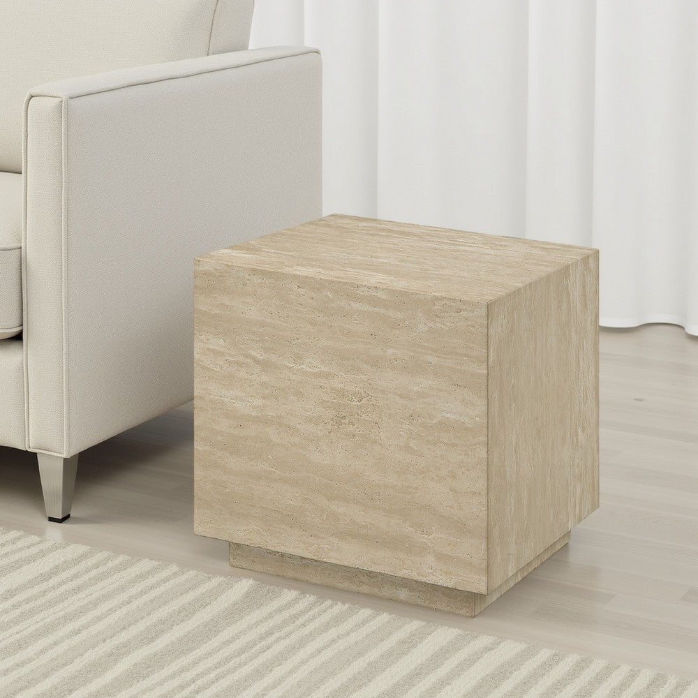 Lory Side End Table | 19" Square Travertine Top | Natural Wood Beige