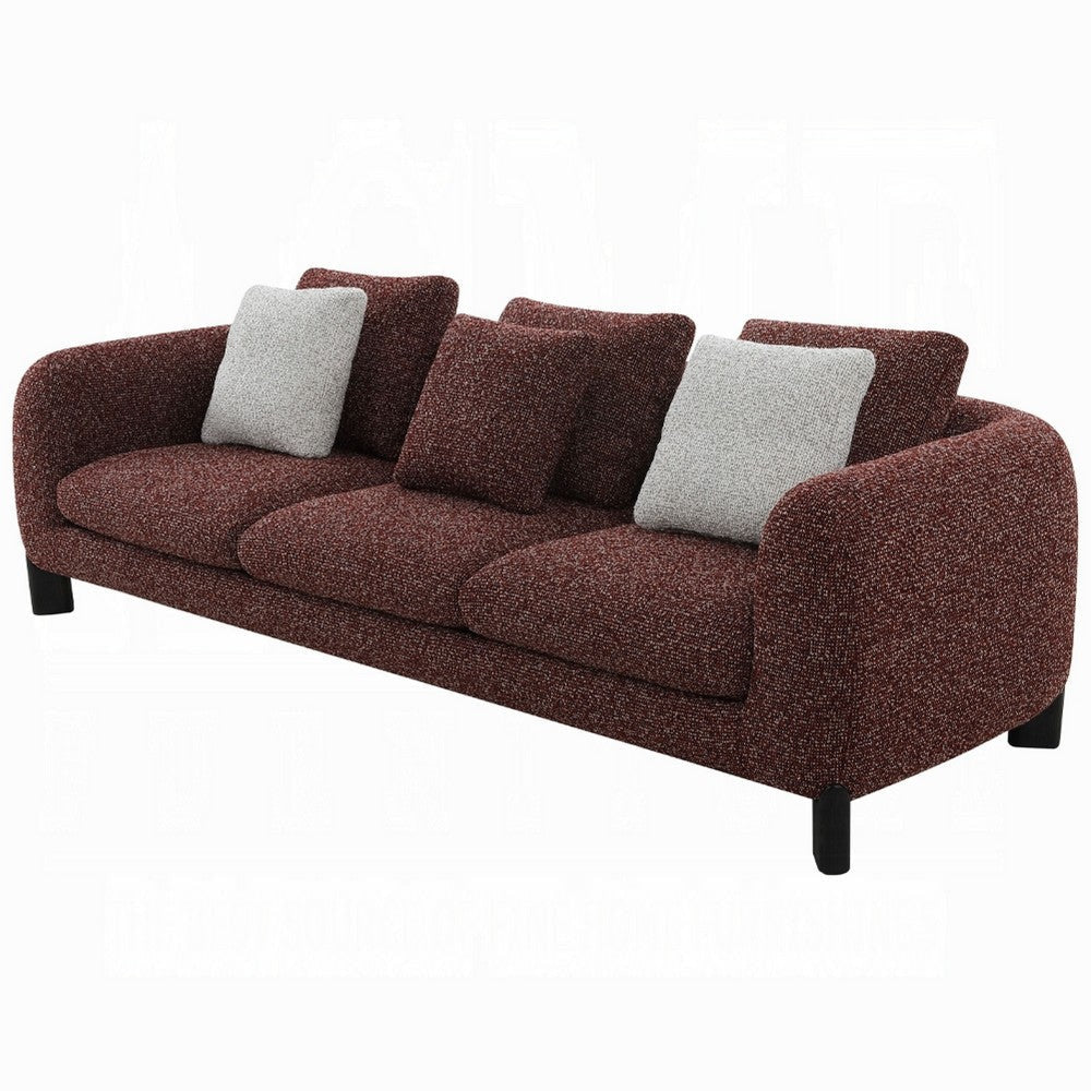 Meru Sofa w 3 Accent Pillows | Maroon Wine Red Tweed Fabric | 109"