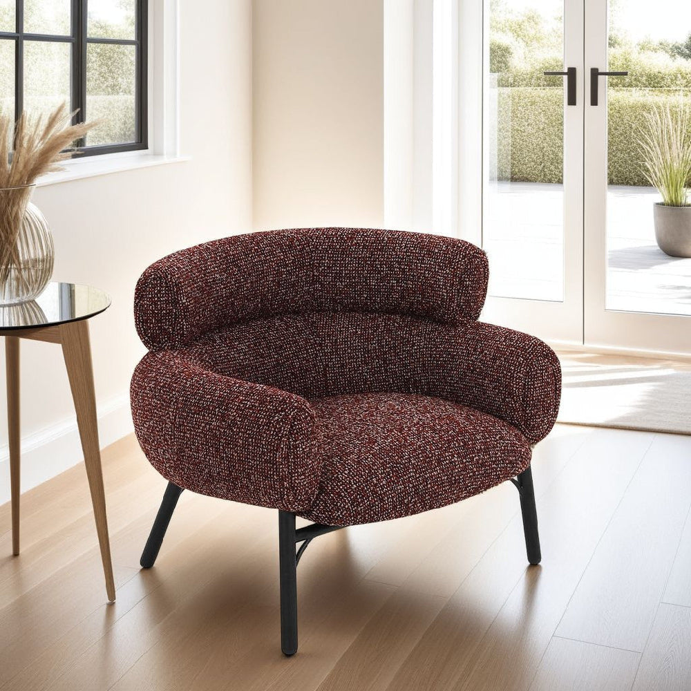 Meru Sofa Chair | Curved Back Maroon Red Tweed Fabric | Black Metal