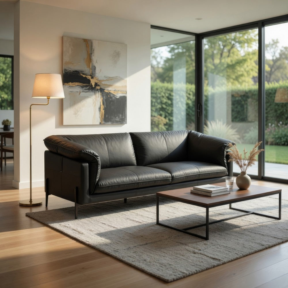 Semi Loveseat | Box Edge Design | Modern Black Top Grain Leather 69"