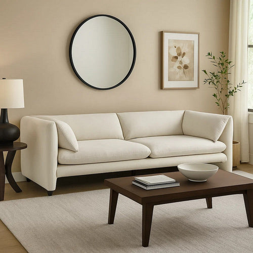 Kami Sofa | Slim Minimalist Pillow Armrests | Modern Ivory Linen 89"