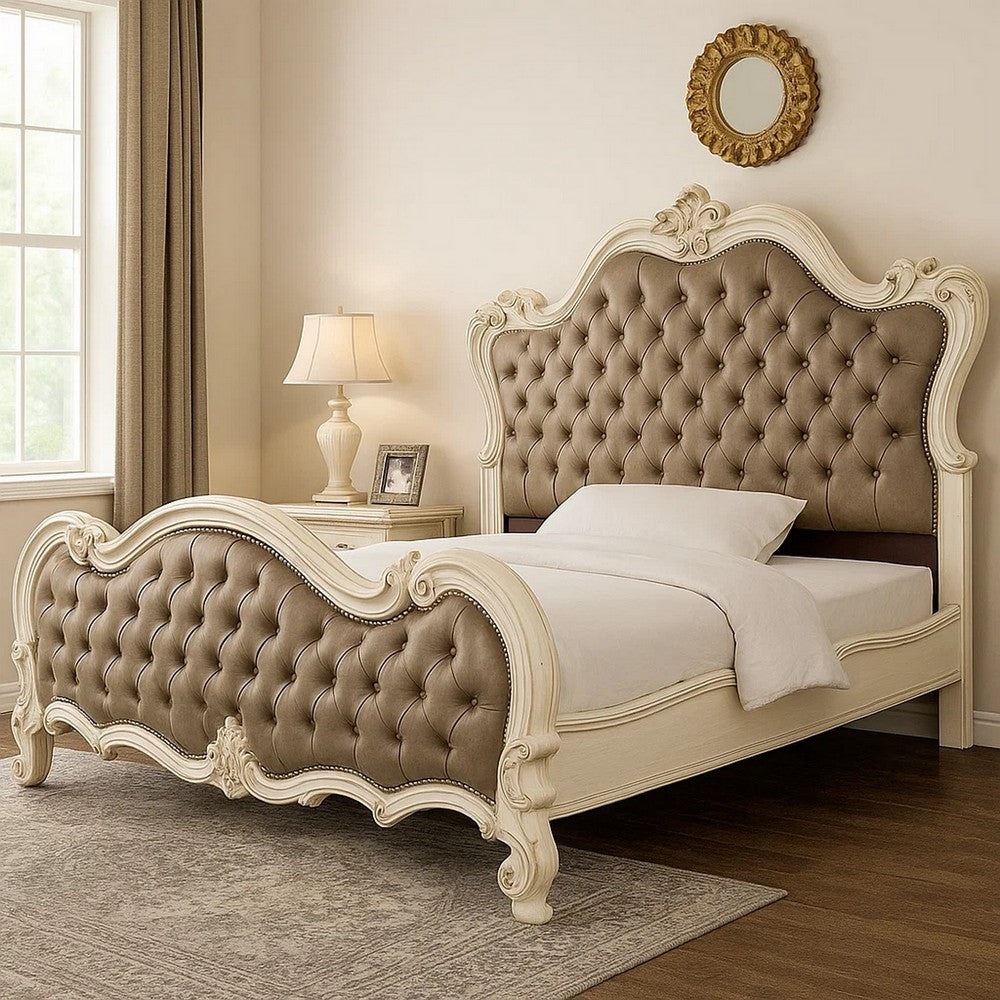 Sicily California King Bed | Gray Tufted Faux Leather Classic Carved