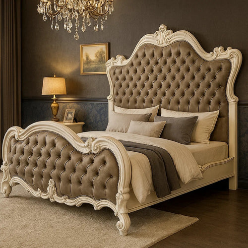 Sicily California King Bed | Gray Tufted Faux Leather Classic Carved