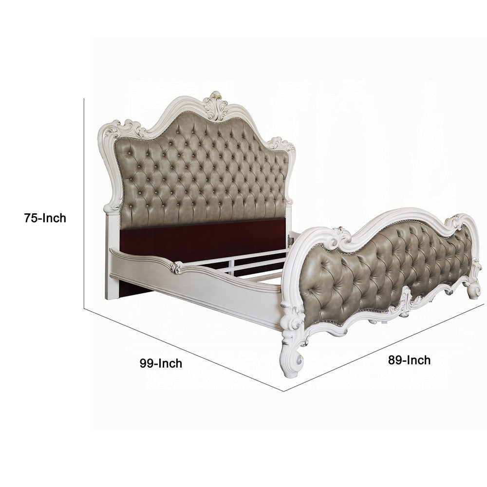 Sicily King Bed | Tufted Gray Faux Leather Classic White Carved Frame