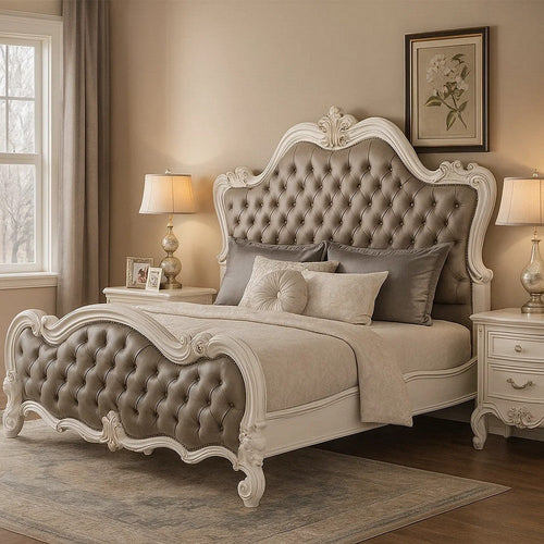 Sicily King Bed | Tufted Gray Faux Leather Classic White Carved Frame