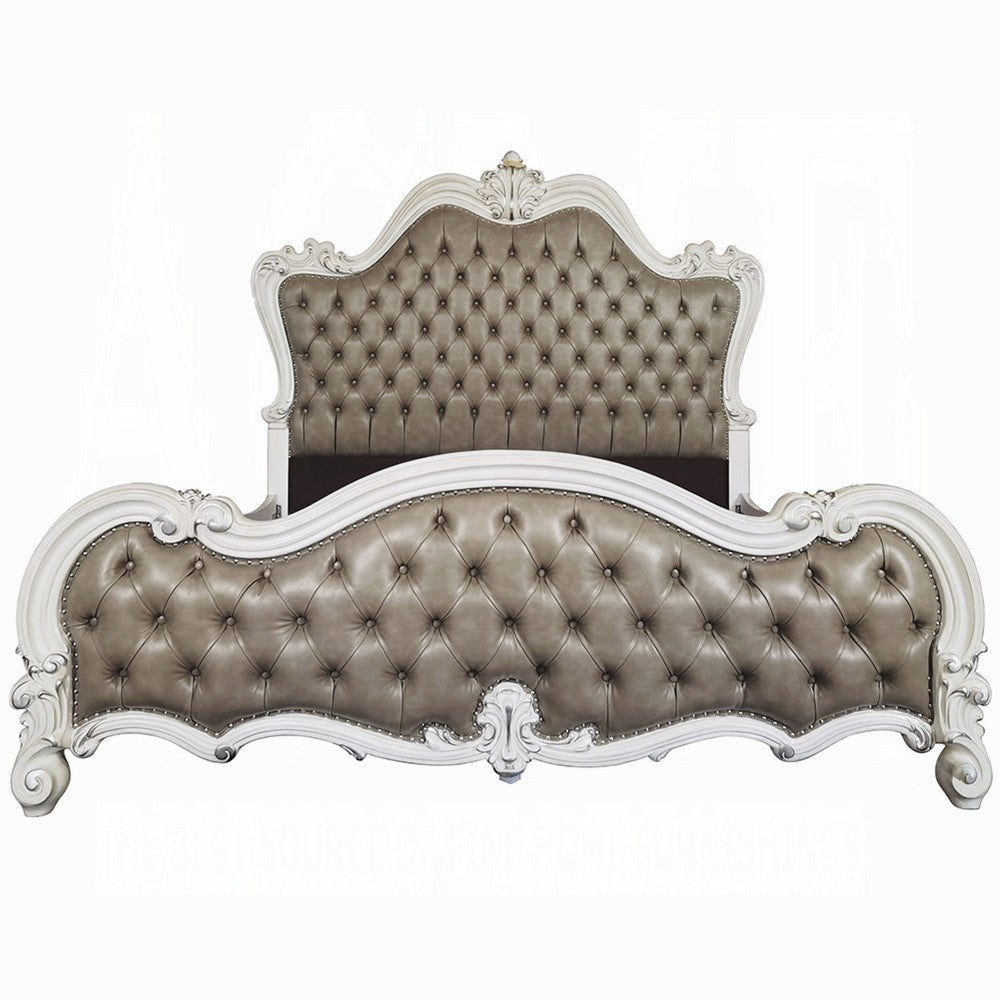 Sicily Queen Bed | Tufted Gray Faux Leather Classic White Carved Frame