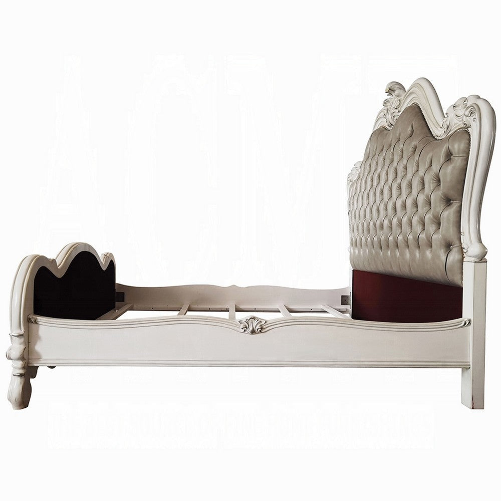 Sicily Queen Bed | Tufted Gray Faux Leather Classic White Carved Frame