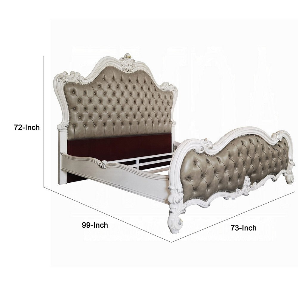 Sicily Queen Bed | Tufted Gray Faux Leather Classic White Carved Frame