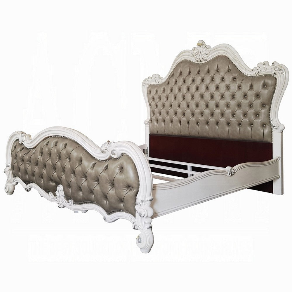Sicily Queen Bed | Tufted Gray Faux Leather Classic White Carved Frame