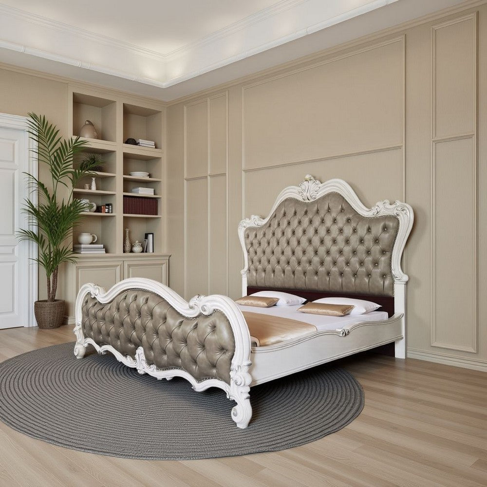 Sicily Queen Bed | Tufted Gray Faux Leather Classic White Carved Frame