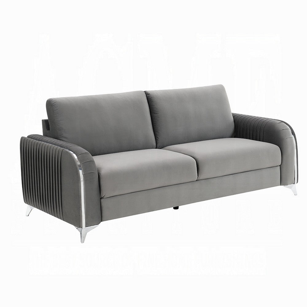 Wiena Sofa, Contemporary Chrome Legs, Pleated Gray Velvet 79 Inch