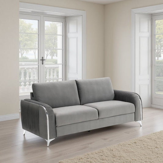 Wiena Sofa, Contemporary Chrome Legs, Pleated Gray Velvet 79 Inch