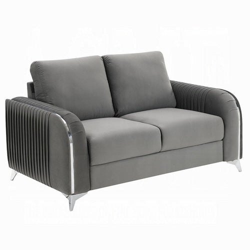 Wiena Loveseat, Contemporary Chrome Legs, Pleated Gray Velvet 59 Inch