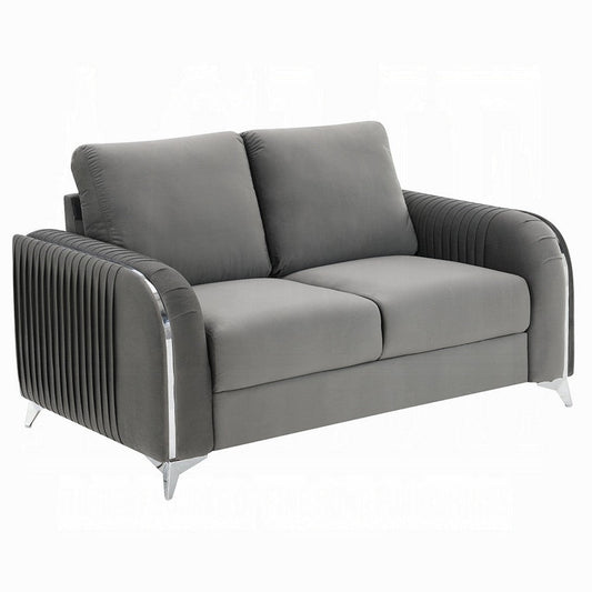 Wiena Loveseat, Contemporary Chrome Legs, Pleated Gray Velvet 59 Inch