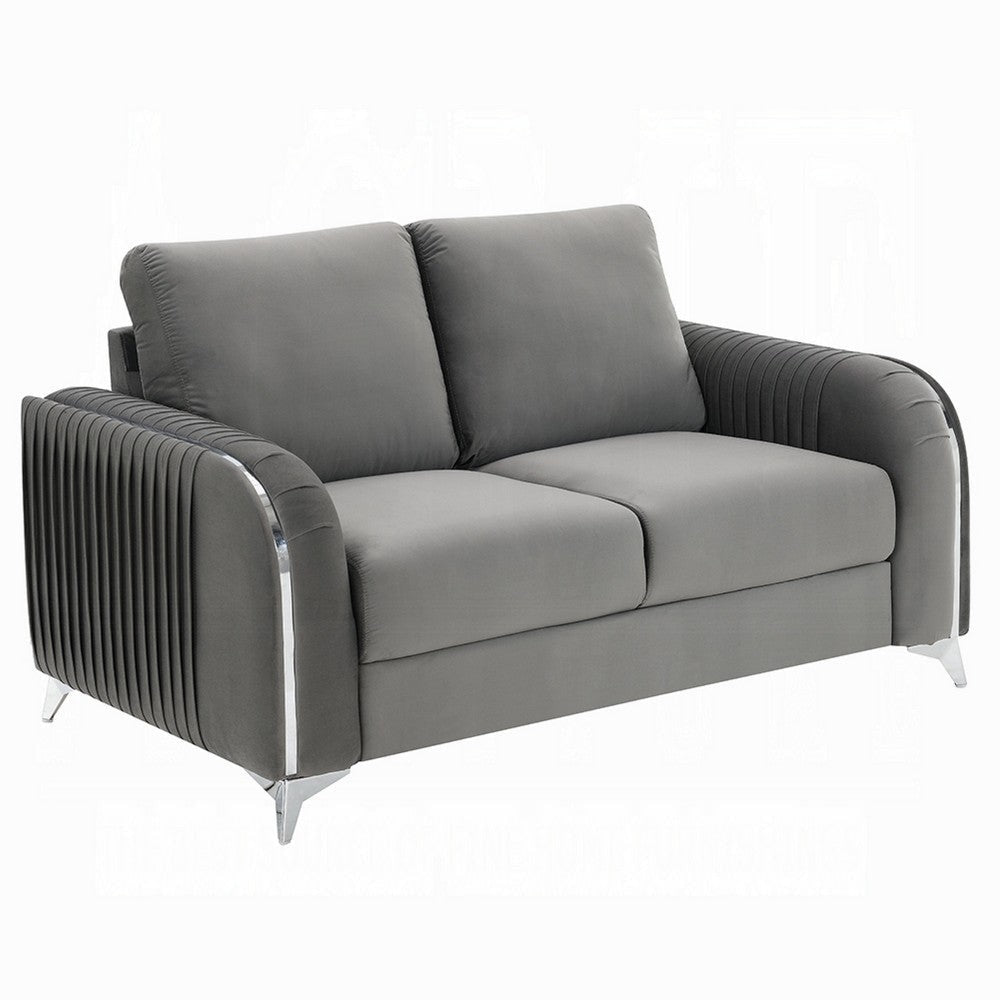 Wiena Loveseat, Contemporary Chrome Legs, Pleated Gray Velvet 59 Inch