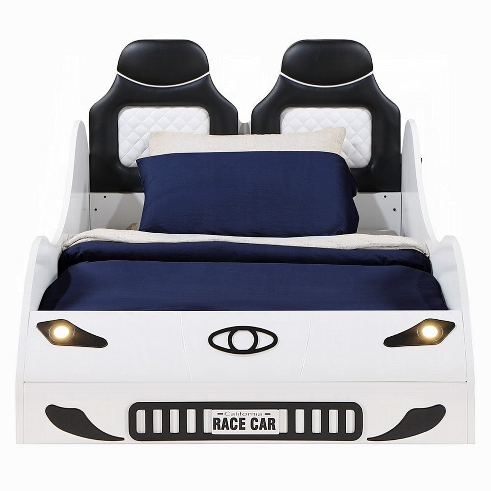 Corey Twin Size White Car Bed Wheel Trim Built-In LED White Wood