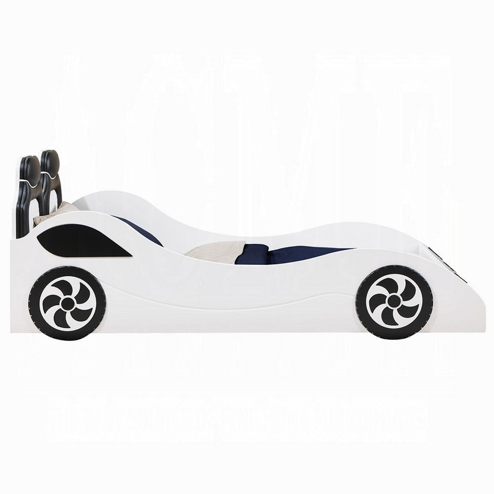 Corey Twin Size White Car Bed Wheel Trim Built-In LED White Wood